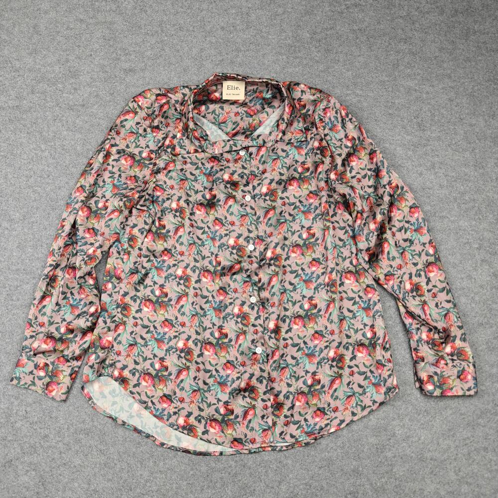 Elie Tahari Blouse Womens Large Pink Floral Satin Collared Button Front Top